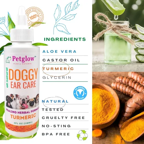 Vista 2 de PetGlow Limpiador de oídos para perros infección por levadura con cúrcuma. La terapia natural del oído elimina las infecciones dolorosas del oído