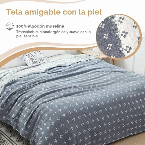 Vista 2 de Manta de muselina ligera y acogedora de 2 capas de 100% algodón para cama, sofá y sofá, colcha de verano con patrón, azul, tamaño individual, 59 x
