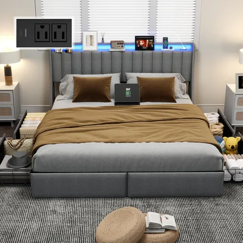 Vista 9 de UINTAI Marco de cama tamaño completo con cabecero y 4 cajones de almacenamiento, cama de plataforma metálica tapizada con respaldo abatido y luces
