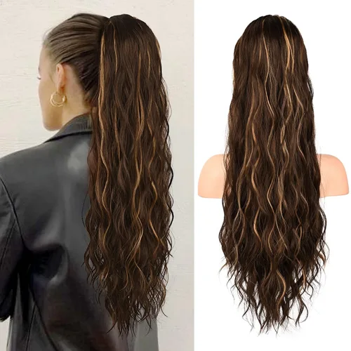 Vista 28 de FLUFYMOOZ Extensión de cola de caballo de 22 pulgadas, extensiones de cabello sintético ondulado largo y rizado para mujer