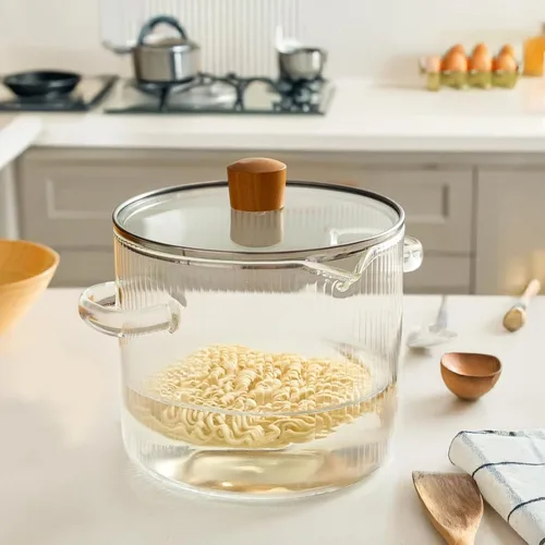 Vista 2 de Juego de 2 cacerolas de vidrio de borosilicato transparente, resistentes a altas temperaturas, apto para estufa, microondas y lavavajillas, incluye