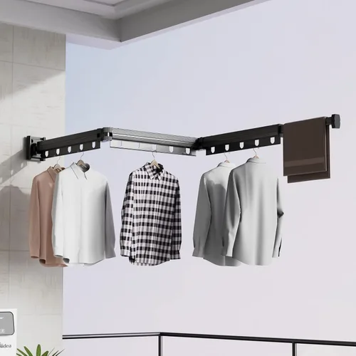 Vista 7 de Estante de secado de ropa plegable para colgar en la pared, estante retráctil de secado de ropa plegable para interiores, ahorro de espacio, estante