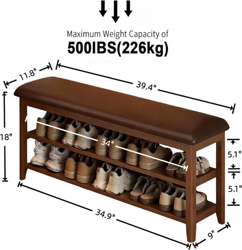 Vista 2 de Banco de almacenamiento de zapatos de madera con cojín de cuero, marrón oscuro, 39.4 pulgadas Rustic Solid Wood Entryway Bench, Shoe Rack Bench