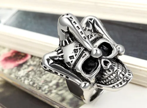 Vista 3 de Flongo Anillo punk de acero inoxidable plateado negro gótico Joker payaso anillo para hombre