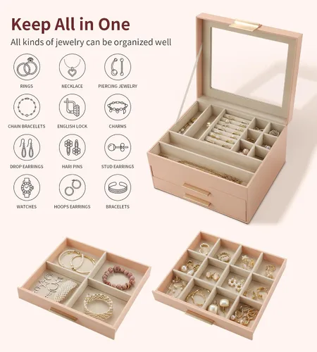 Vista 3 de Joyero con parte superior transparente, organizador grande de 3 capas para mujeres, aretes, anillos, collares, organizador de almacenamiento