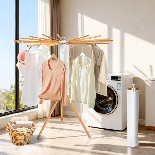 Vista 7 de Estante de secado de ropa, trípode de madera plegable, estante de secado para apartamentos pequeños, balcón, dormitorio, estante portátil
