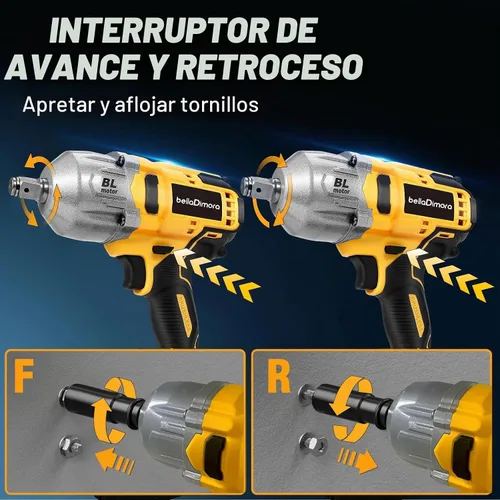 Vista 6 de Llave de impacto inalámbrica bellaDimora compatible con batería Dewalt de 20 V