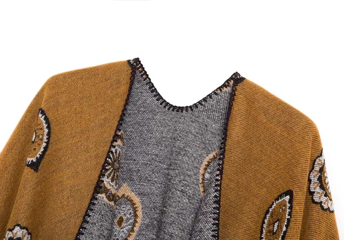 Vista 3 de Chal estilo poncho con frente abierto con patrón vintage, capa para mujer