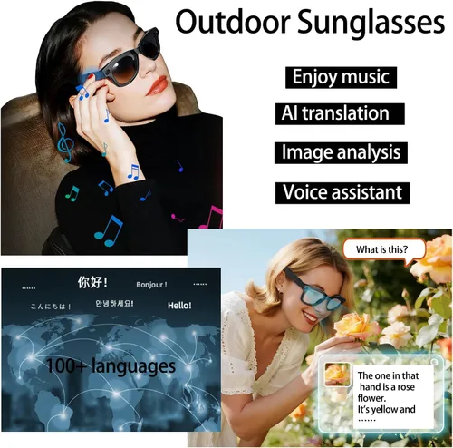 Vista 4 de Lentes inteligentes con cámara, gafas de video HD 1080P, gafas de sol de protección UV con traducción AI en tiempo real, audio Bluetooth, sonido
