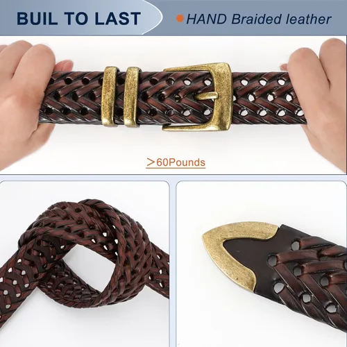 Vista 4 de BELTROAD Cinturón de cuero trenzado para hombre, jeans casuales, golf, hebilla de aleación tejida de cuero para hombre, cinturones trenzados a mano