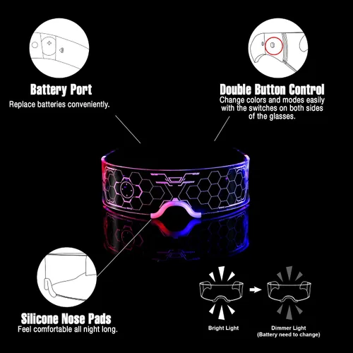 Vista 5 de Oybete 2 pares de gafas iluminadas para fiestas, gafas de visera LED para adultos y niños, accesorios futuristas para rave, gafas LED
