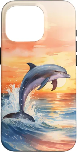 Vista 20 de Dolphin Jumping Sunset Over Ocean Watercolor Art Case for iPhone 17