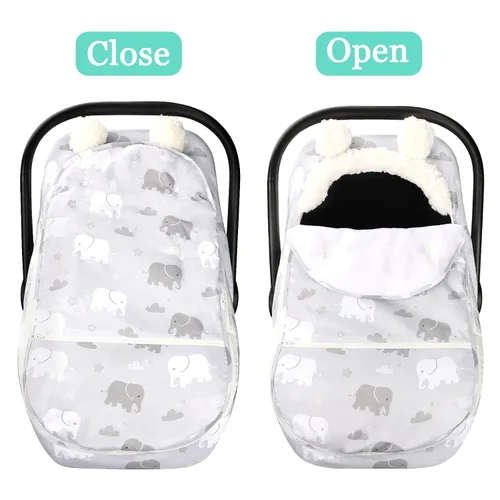 Vista 7 de Funda de asiento de coche para niños, funda acogedora y cálida de invierno, funda de asiento de coche para bebé con diseño de elefante, toldo