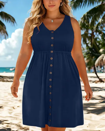 Vista 79 de Holipick Vestidos de verano para mujer, talla grande, casual, con bolsillos, acampanado, con botones, sin mangas, cuello en V
