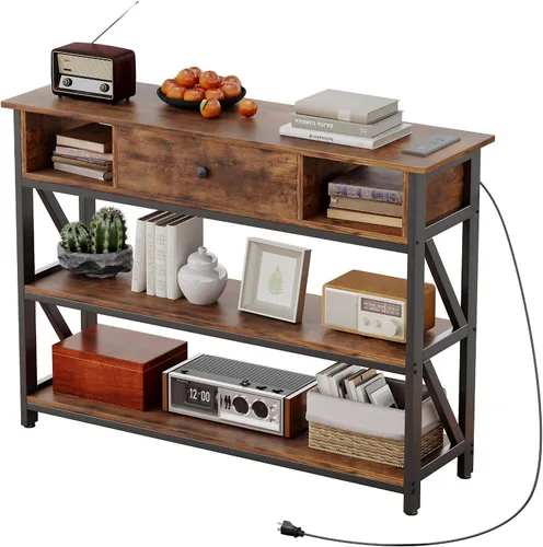 Vista 11 de Mexin Mesa de sofá consola de 39 pulgadas con cajón, mesa de entrada con estantes de almacenamiento, mesa de pasillo de madera industrial para sala
