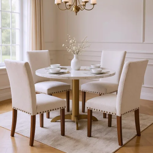 Vista 9 de Juego de 6 sillas de comedor tapizadas color beige - Sillas de cocina estilo granja con respaldo alto, patas de madera de caucho maciza, asiento