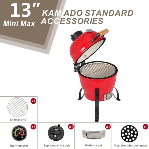 Vista 2 de Outvita Parrilla de cerámica, parrilla de carbón Kamado redonda de 13 pulgadas, parrilla portátil con termómetro para variaciones en los métodos