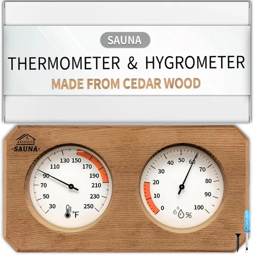 Vista 7 de Termómetro e higrómetro de sauna 2 en 1, termómetro de sauna ajustable de pino, termómetro de sauna de calibre Fahrenheit para sala de sauna