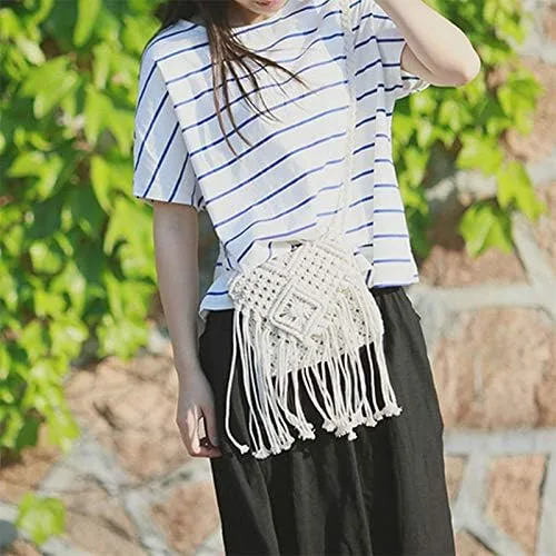 Vista 3 de Goclothod Bolso bandolera con flecos de ganchillo para mujer, bolso cruzado de algodón con borla, bolso de playa hippie