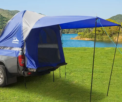 Vista 5 de Hasika Tienda de campaña de doble capa con toldo, PU3000 mm, refugio impermeable para campamento, se adapta a camas cortas de 5 a 6.5 pies, cama