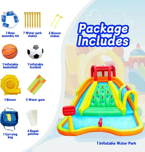 Vista 7 de WELLFUNTIME Parque Inflable de Toboganes de Agua Doble, Casa de Rebote con Pistola de Agua de Arco, Castillo Hinchable con Soplador de Aire