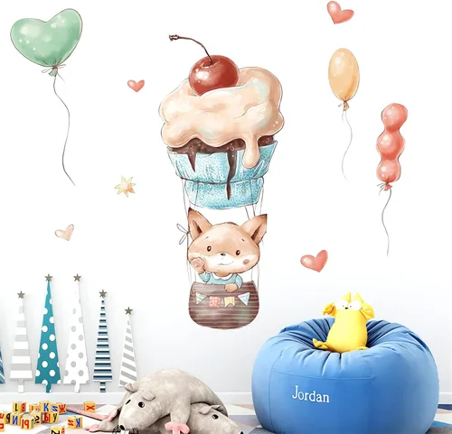 Vista 3 de Calcomanías de pared de dibujos animados con globos de zorro lindo bebé Globos coloridos de vinilo extraíble de animales para niños, guardería