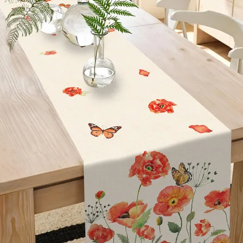 Vista 5 de Seliem Camino de mesa de flores de amapola roja primaveral, acuarela patriótica floral mariposa para el hogar, cocina, decoración botánica, día