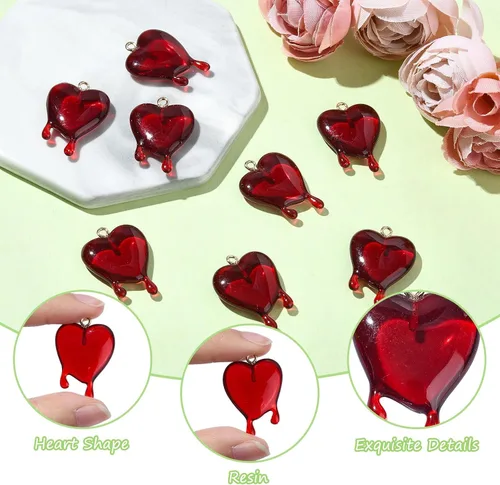 Vista 4 de Ipotkitt 10 dijes de corazón fundido transparente rojo con parte trasera plana, dijes de corazón de San Valentín en forma de corazón para el día