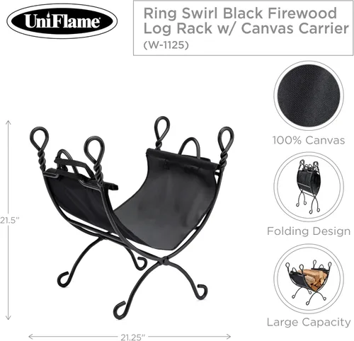Vista 2 de UniFlame Ring Swirl - Estante para leña negra con portador de lona