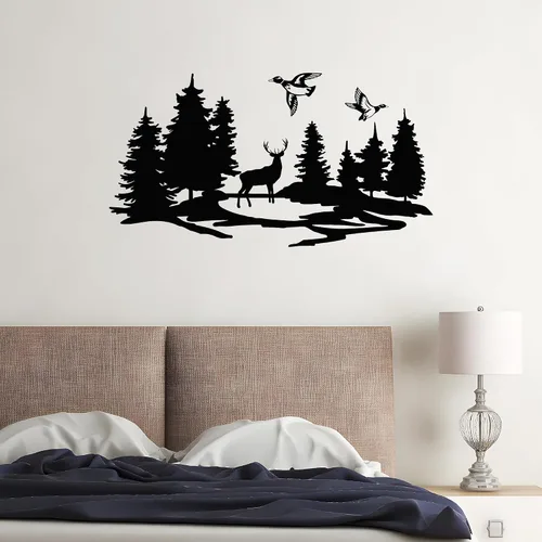 Vista 2 de Vinilo adhesivo para pared, diseño de silueta de patos, ciervos, bosque, caza, hobby, decoración grande (g8643), color negro