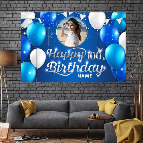 Vista 7 de Cartel decorativo personalizado de feliz cumpleaños número 100 – Cartel personalizado de fiesta de cumpleaños azul marino en tamaños grandes, fotos