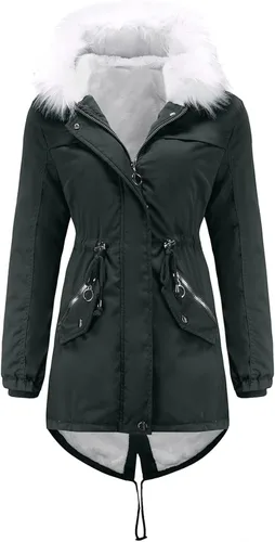 Vista 2 de Abrigos de invierno con capucha de longitud media para mujer, color sólido, cálido, abrigo de forro polar, abrigo acolchado de algodón con cuello