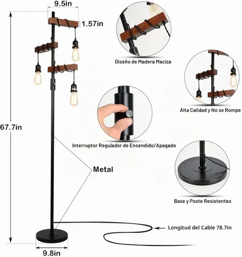 Vista 3 de Lámpara de pie industrial regulable, lámpara de pie de árbol de granja, lámpara de pie de madera de 68 pulgadas, 3 luces, base resistente, luz