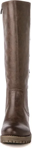 Vista 4 de GLOBALWIN Botas altas de motocicleta con tiras para mujer, botas de equitación de pantorrilla ancha con cordones en la parte trasera para otoño e