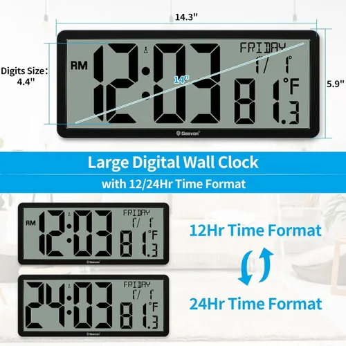 Vista 4 de Geevon Reloj de pared atómico de 14.3 pulgadas, funciona con pilas, reloj de pared digital atómico grande con temperatura y humedad interiores