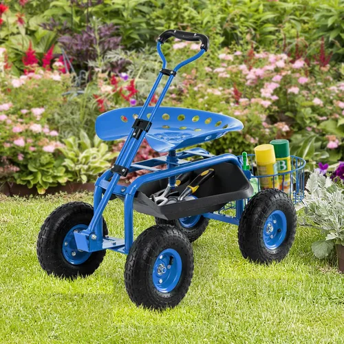 Vista 2 de Goplus Carrito de jardín rodante con asiento, taburete de jardín al aire libre con ruedas, bandeja de herramientas y cesta, mango de dirección