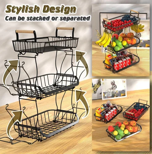 Vista 5 de Cesta de frutas de 3 niveles para encimera de cocina con 2 ganchos para plátanos, soporte grande para frutero, soporte de almacenamiento de frutas