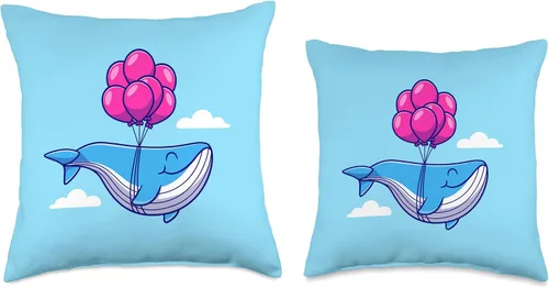 Vista 3 de Whale Floating with Balloon Ocean Cute Blue Whales Cartoon Throw Pillow