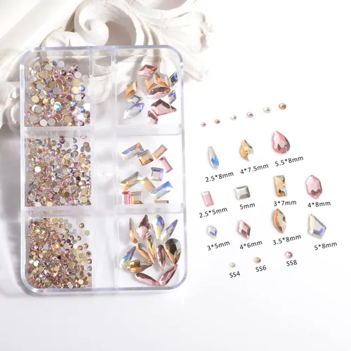 Vista 3 de Diamantes de imitación para uñas, gemas para arte de uñas, cristales rosas Ab, cristales de cristal multiformas, diamantes de imitación de parte