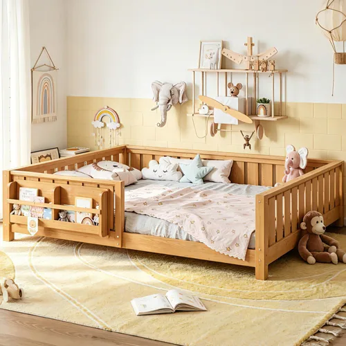 Vista 19 de Marco de cama Montessori Twin con estantería y barandillas, color beige