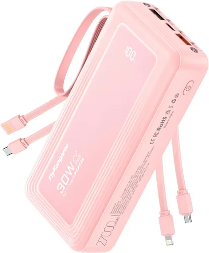 Vista 10 de Cargador portátil con cables incorporados, delgado 10000mAh carga rápida 22.5W banco de energía USB C pantalla LED paquete de batería 6 salidas y 2