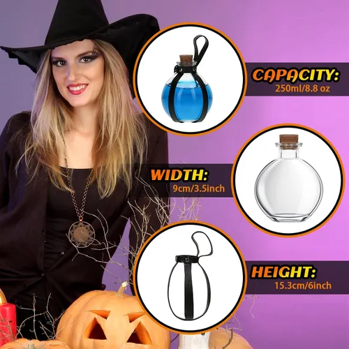 Vista 5 de Meanplan Paquete de 4 botellas de poción de corcho de Halloween, accesorios para disfraz de bruja, botellas de poción con corcho y cinturón