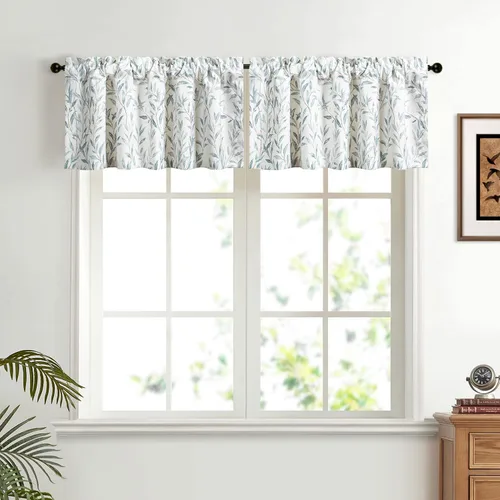 Vista 13 de VOGOL Cenefas de cortina de estilo rústico para ventanas, cenefa decorativa con estampado de hojas de pájaro azul, para cocina, baño, loft