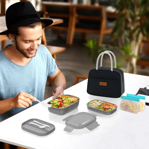 Vista 7 de JBGOYON® Juego de lonchera Bento, 3 recipientes apilables para adultos y niños, incluye bolsa de almuerzo, a prueba de fugas y sin BPA, juego