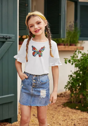 Vista 2 de Arshiner Camiseta para niñas, túnica casual de encaje, manga corta, holgada, suave