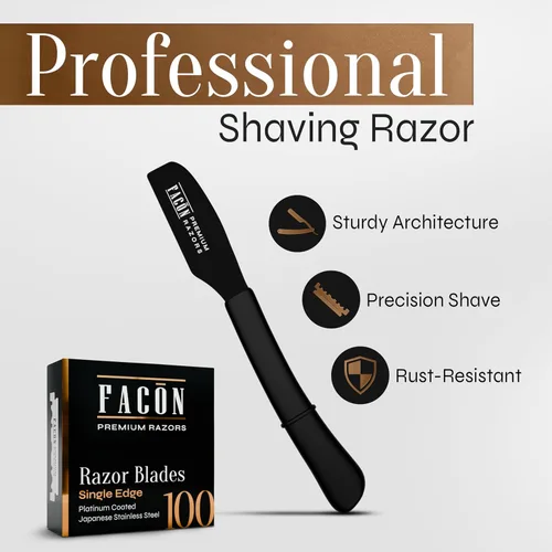 Vista 2 de Facón Navajas rectas para hombres - Kit de navaja de barbero profesional de hoja recta con 100 cuchillas, afeitadora de acero inoxidable japonés El