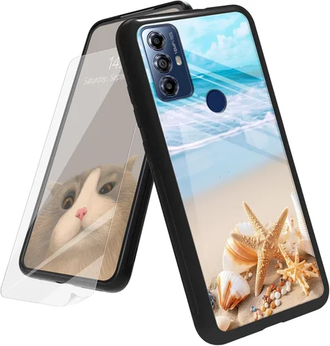 Vista 74 de Funda para Motorola Moto G Play 4G 2024 con protector de pantalla, parte trasera de vidrio templado + funda de silicona suave TPU absorción