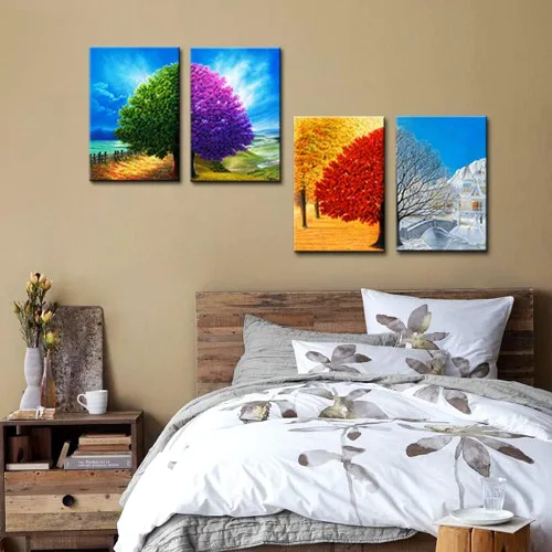 Vista 3 de Wieco Art Lienzo decorativo de 4 paneles para pared, diseño de árbol de cuatro estaciones, coloridas impresiones de paisaje de primavera, verano