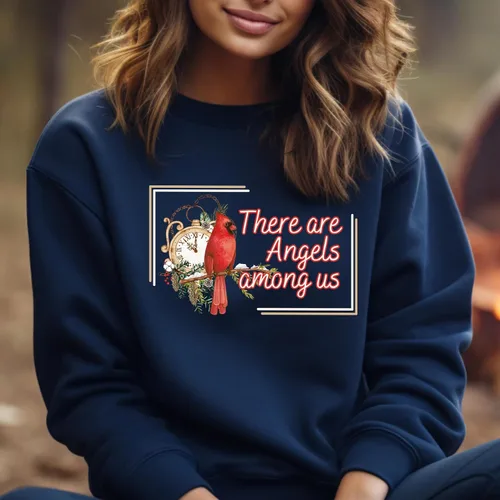 Vista 3 de Cardinal Spirit Sudadera para mujer con texto en inglés "There Are Angels Among Us