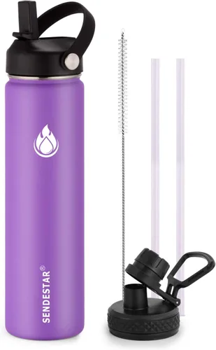 Vista 40 de SENDESTAR Botella de agua aislada de 24 onzas, boca ancha, botella de agua de 24 onzas con tapa con popote, tapa de boquilla, acero inoxidable